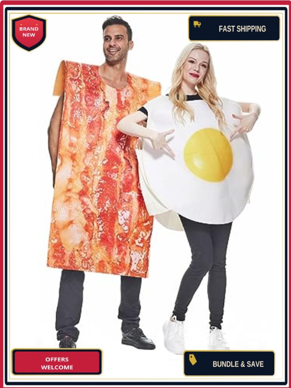 Adult Couple Food Costume Set Fried Egg and Bacon Halloween Outfit